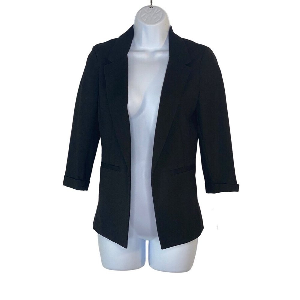 BCX Womens‎ Open Front Woven Jacket Black Cuffed Shoulder Pads Size XS New